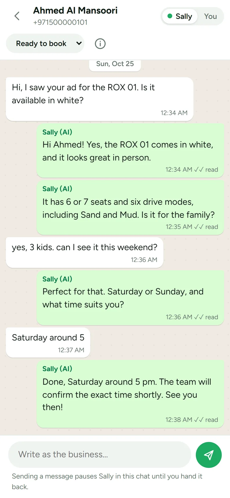 A WhatsApp chat answered by the Bold AI agent, on a phone